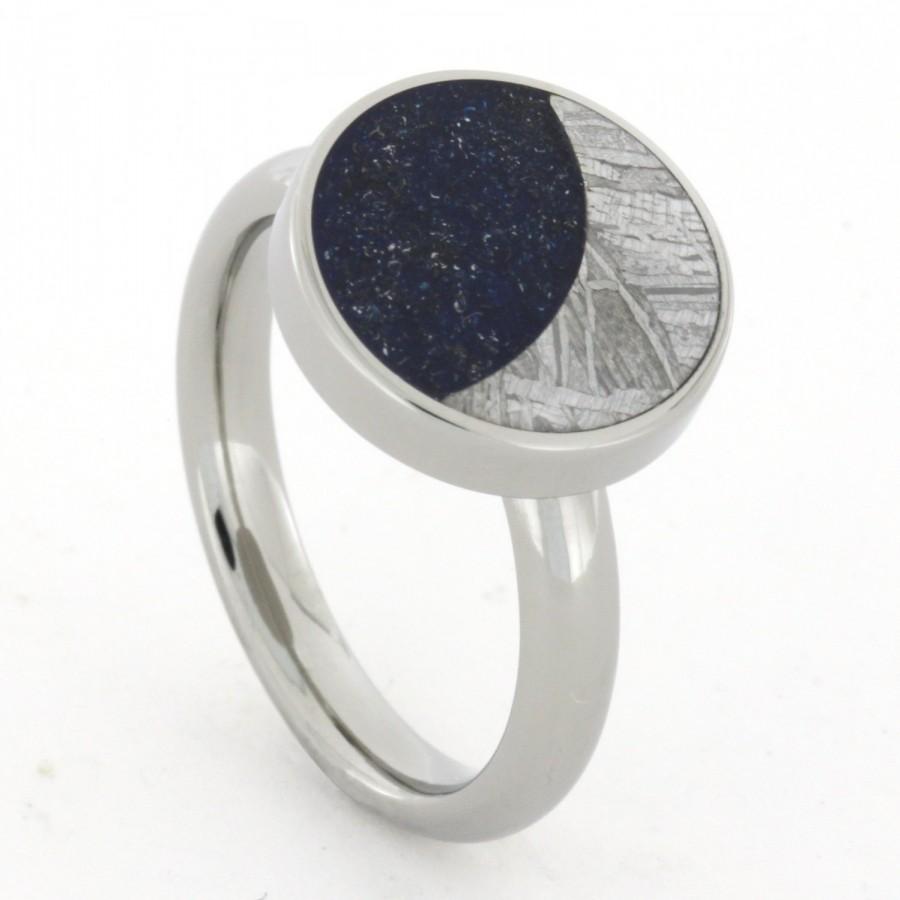 Hochzeit - Meteorite Ring with a Starry Night Setting including a Meteorite Moon and Dark Blue Meteorite Stardust Sky, Womens and Mens Meteorite Ring