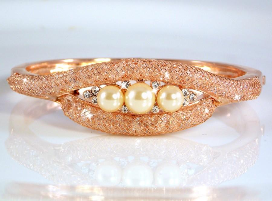 Wedding - Bronze with 18K Rose Gold plating wedding bracelet with CZ, Swarovski element crystals and pearls, wedding bracelet