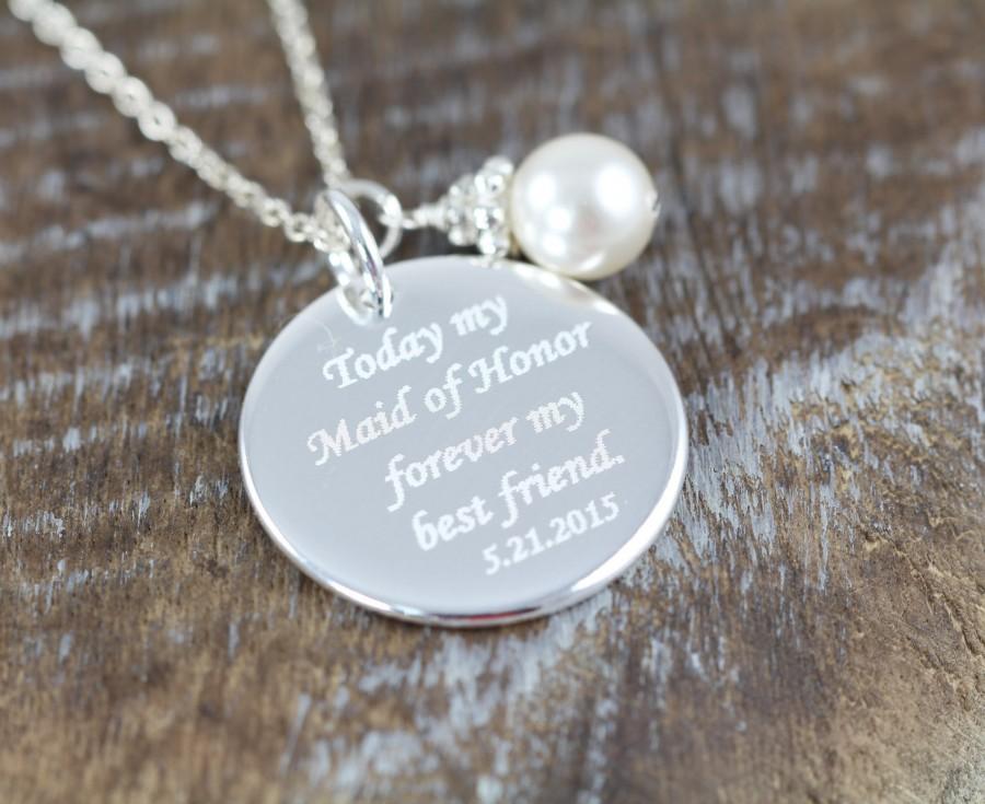 Mariage - Maid of Honor Gift Personalized Necklace, Engraved Wedding Jewelry, 925 Sterling Silver