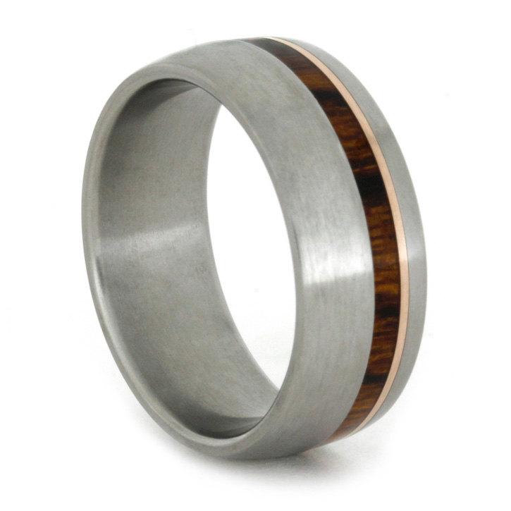 زفاف - Titanium Ring with Ironwood and 14 k Rose Gold Pinstripes Wedding Band