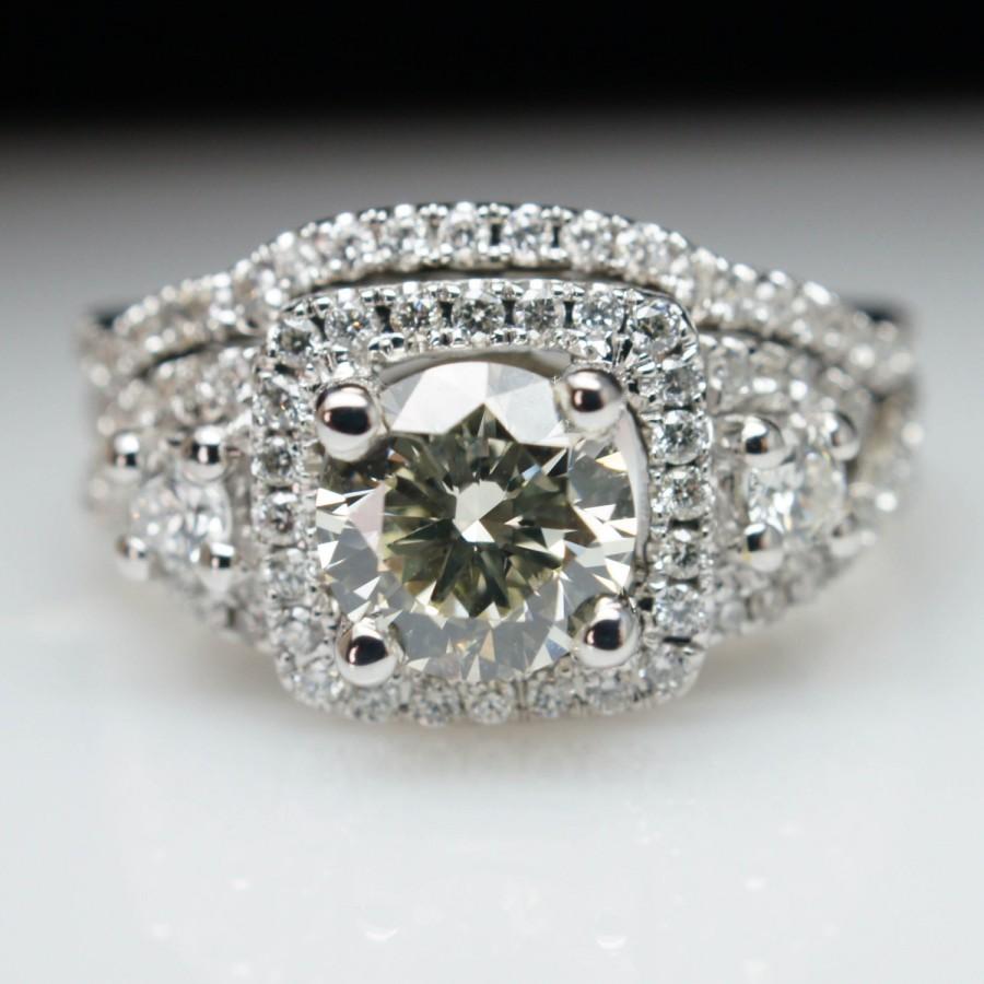 زفاف - SALE Diamond Engagement Ring Round Brilliant Diamond Halo Wedding Band Gold Ring Princess Engagement Ring (Complete Bridal Wedding Set)