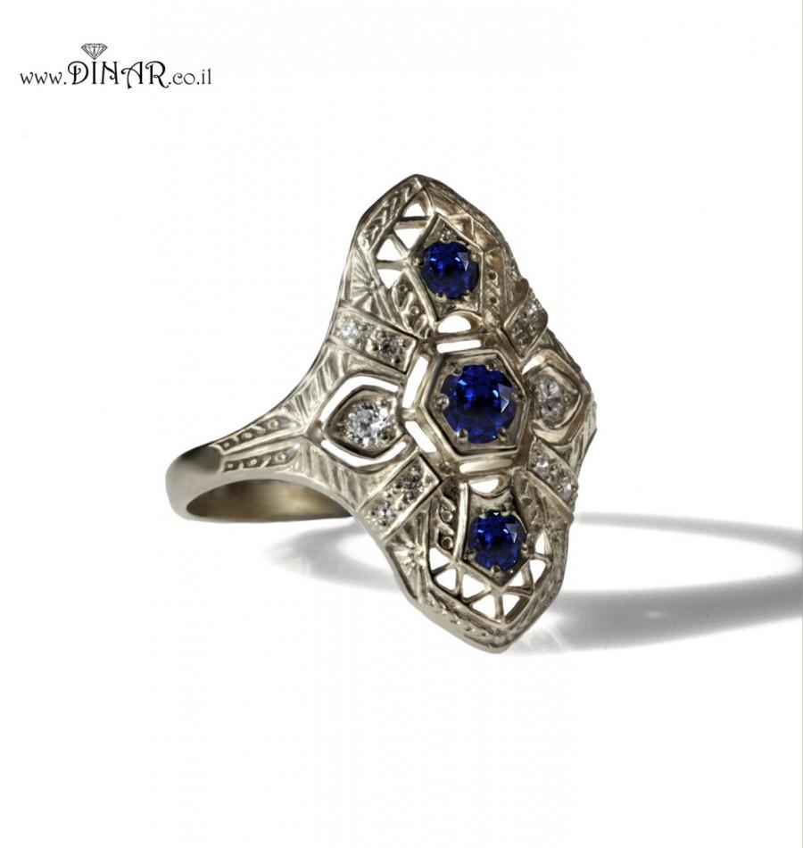 Свадьба - Antique Style Genuine blue sapphire Ring, 14k white gold Edwardian Filigree sapphire and diamond ring, victorian sapphire engagement ring