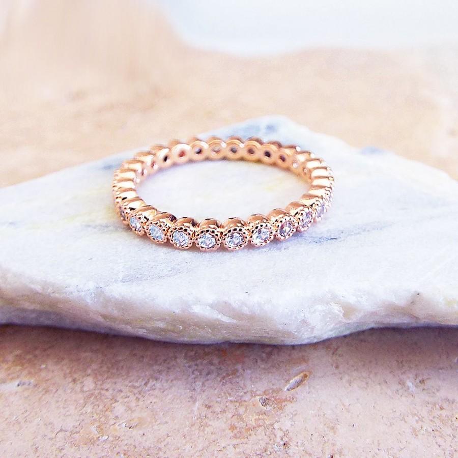 Mariage - 2 mm Rose Gold full eternity milgrain Bezel CZ Ring stacking ring Eternity Band Wedding Anniversary Ring gold plated CZ diamonds