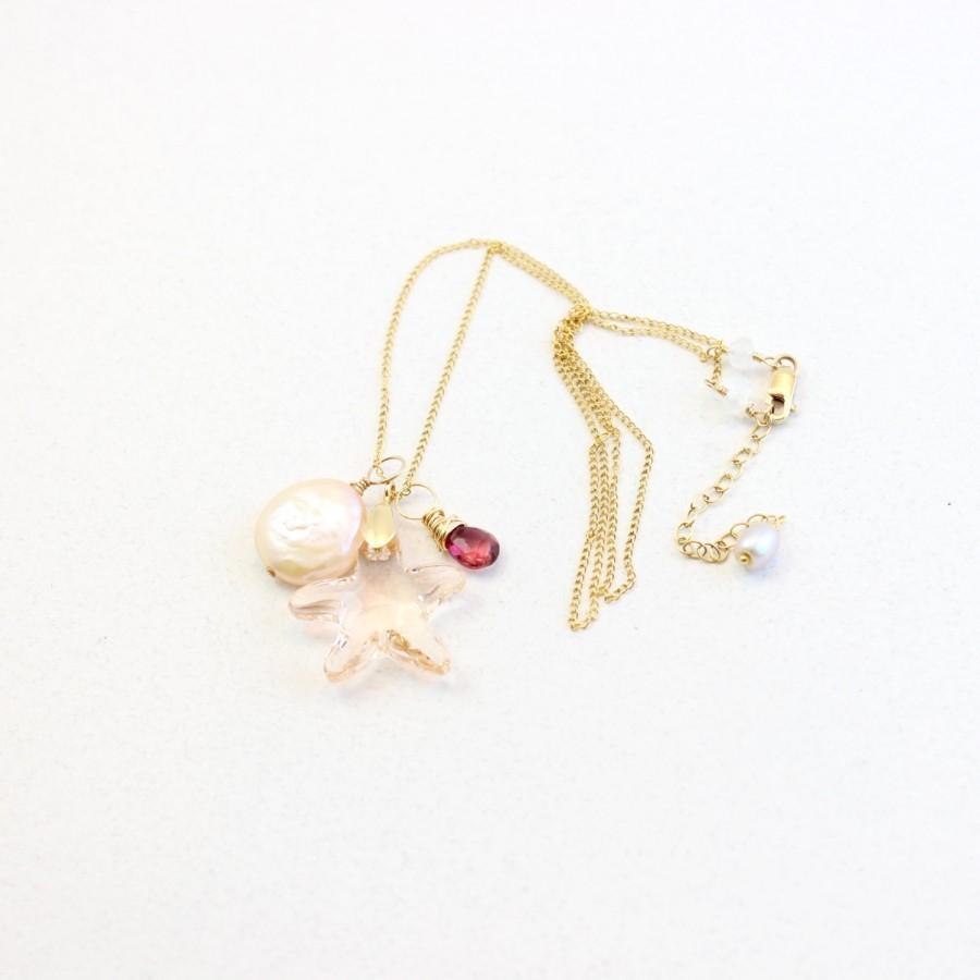Wedding - Starfish Freshwater Coin Pearl Pink Gemstone Charm Necklace Beach Themed Necklace Beach Wedding Bridal Jewelry Bridesmaid Gift Gold Fill