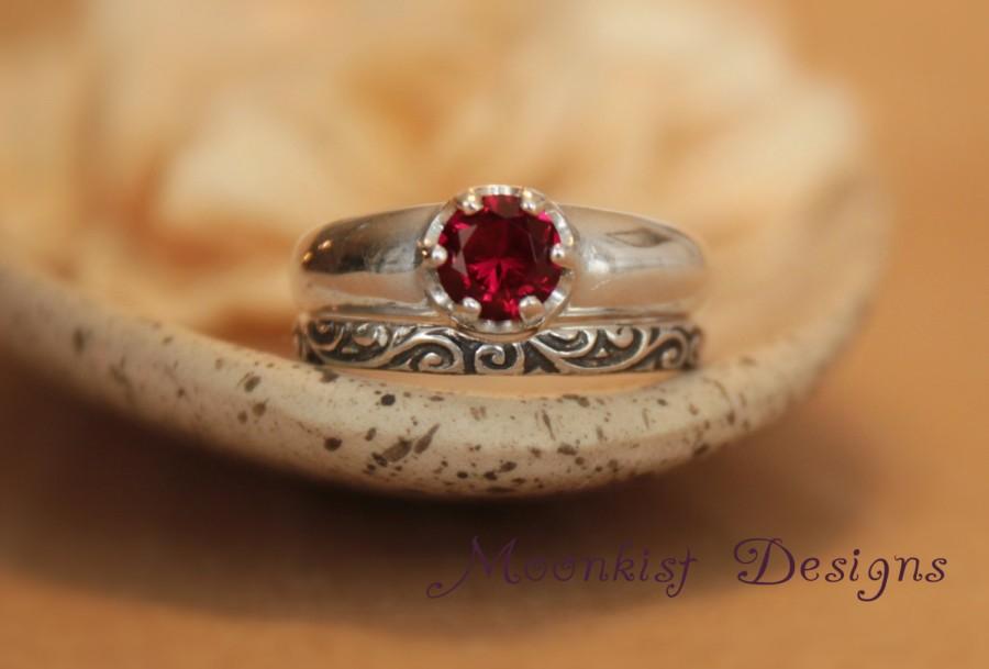 Wedding - Bold Ruby Sterling Silver Solitaire with Swirl Pattern Band - Artisan-Style Six-Prong Mounting with Silver Swirl Band - July Birthstone Ring