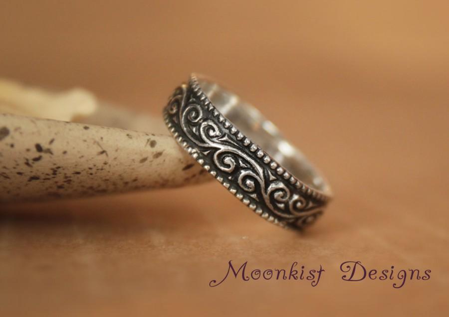Wedding - Wide Pattern Wedding Band in Sterling Silver - Smoke Swirl Pattern Commitment Ring, Promise Ring, or Wedding Ring