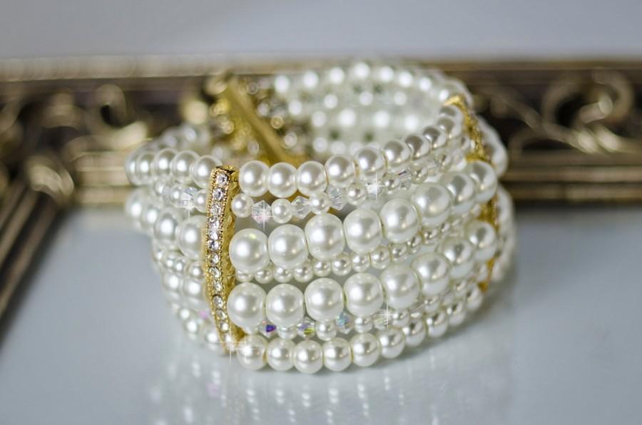 Mariage - bridal pearl bracelet, ivory white pearl bridal bracelet, bridal cuff bracelet, wedding pearl multistrand bracelet, pearl vintage style