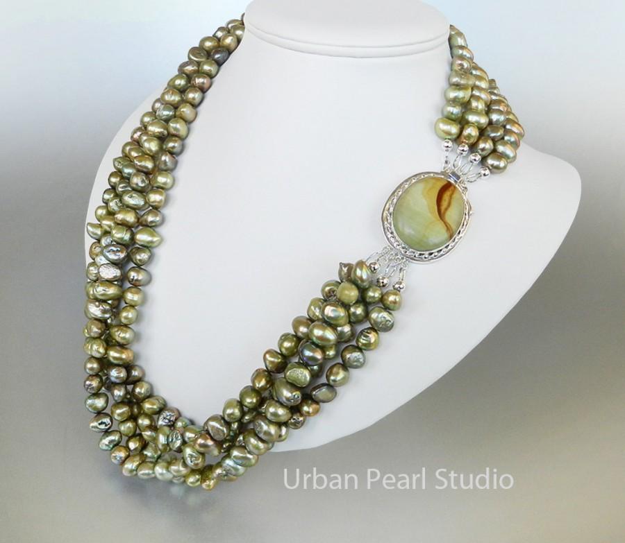 Wedding - Multi Strand Pearl Necklace, Sage Green Pearl Necklace, Cultured Pearls, Picture Jasper Box Clasp, Pearl Drop Earrings