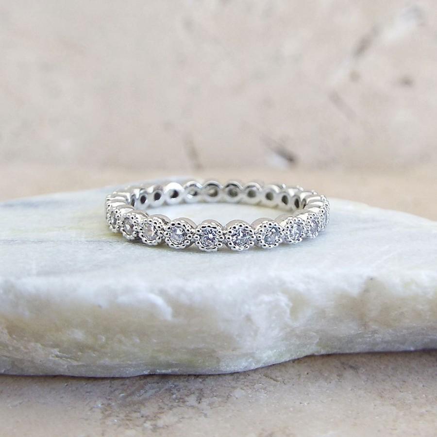 Hochzeit - 2 mm Full Eternity Band MILGRAIN Bezel CZ Wedding Ring Promise ring White gold Eternity Band Anniversary Ring gold plated CZ diamonds