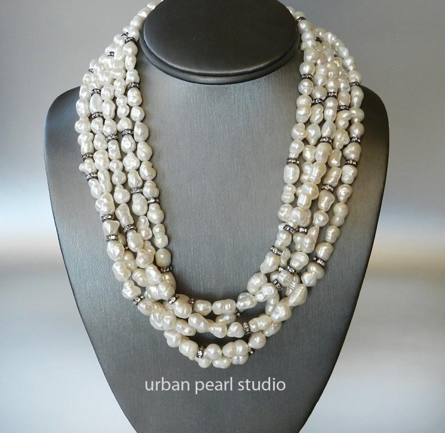 زفاف - Multi Strand Pearl Necklace, Black and White Wedding Jewelry, Cultured Pearl Necklace, Baroque Pearl Necklace