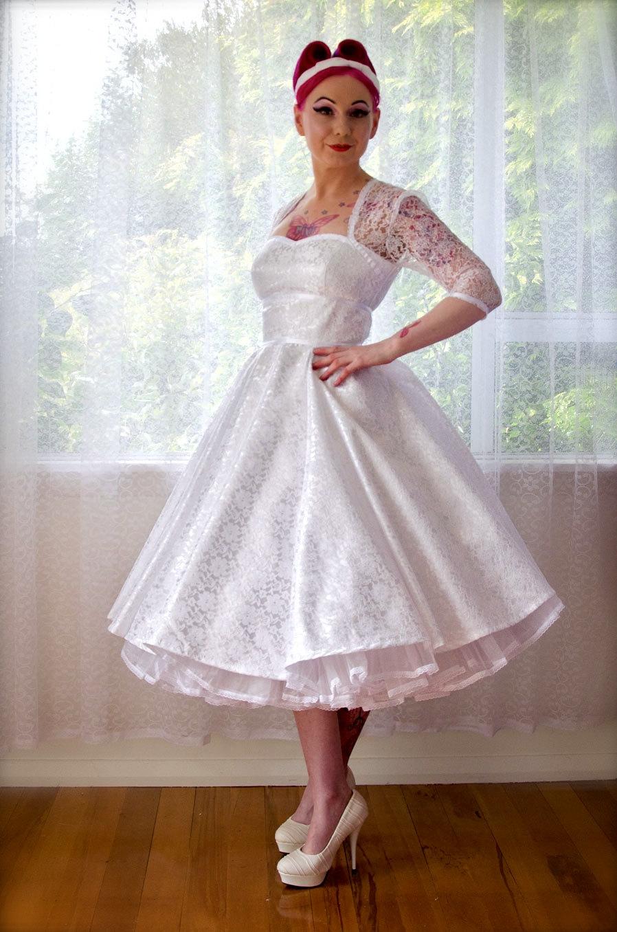 Wedding - 1950's Rockabilly "Lorilyn"Wedding Dress with Sleeves, Lace Overlay, Ribbon Trim, Tea Length Skirt and Petticoat - Custom made to fit