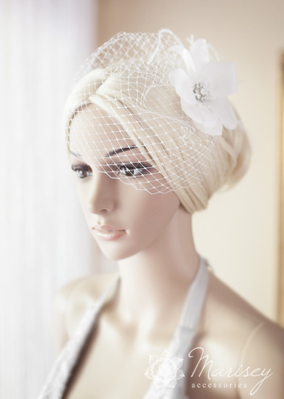 Hochzeit - Birdcage veil, fascinator, flower headpiece, bridal mini blusher, wedding hair accessories, mini blusher "Serephine" winter bride