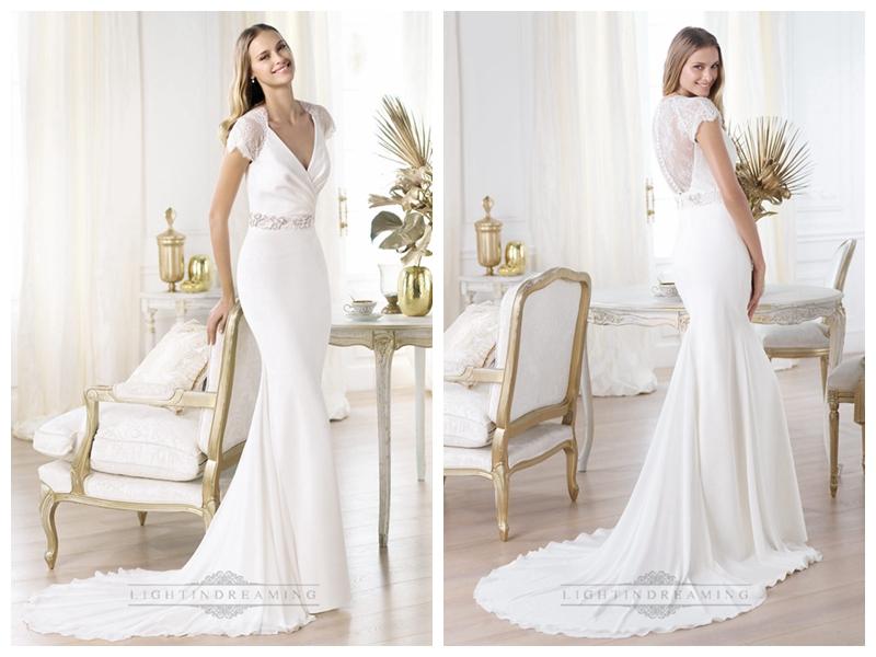 Hochzeit - Elegant Short Sleeves Plunging V-neck Mermaid Illusion Back Wedding Dresses Featuring Crystal