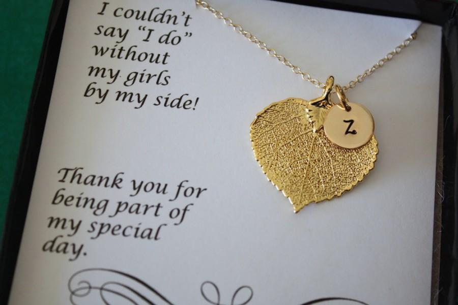 Hochzeit - 6 Monogram Bridesmaid Gift, Real Leaf Necklaces, Thank You Card, Initial Gold Charm, Personalized Charm, Bridesmaid Necklace