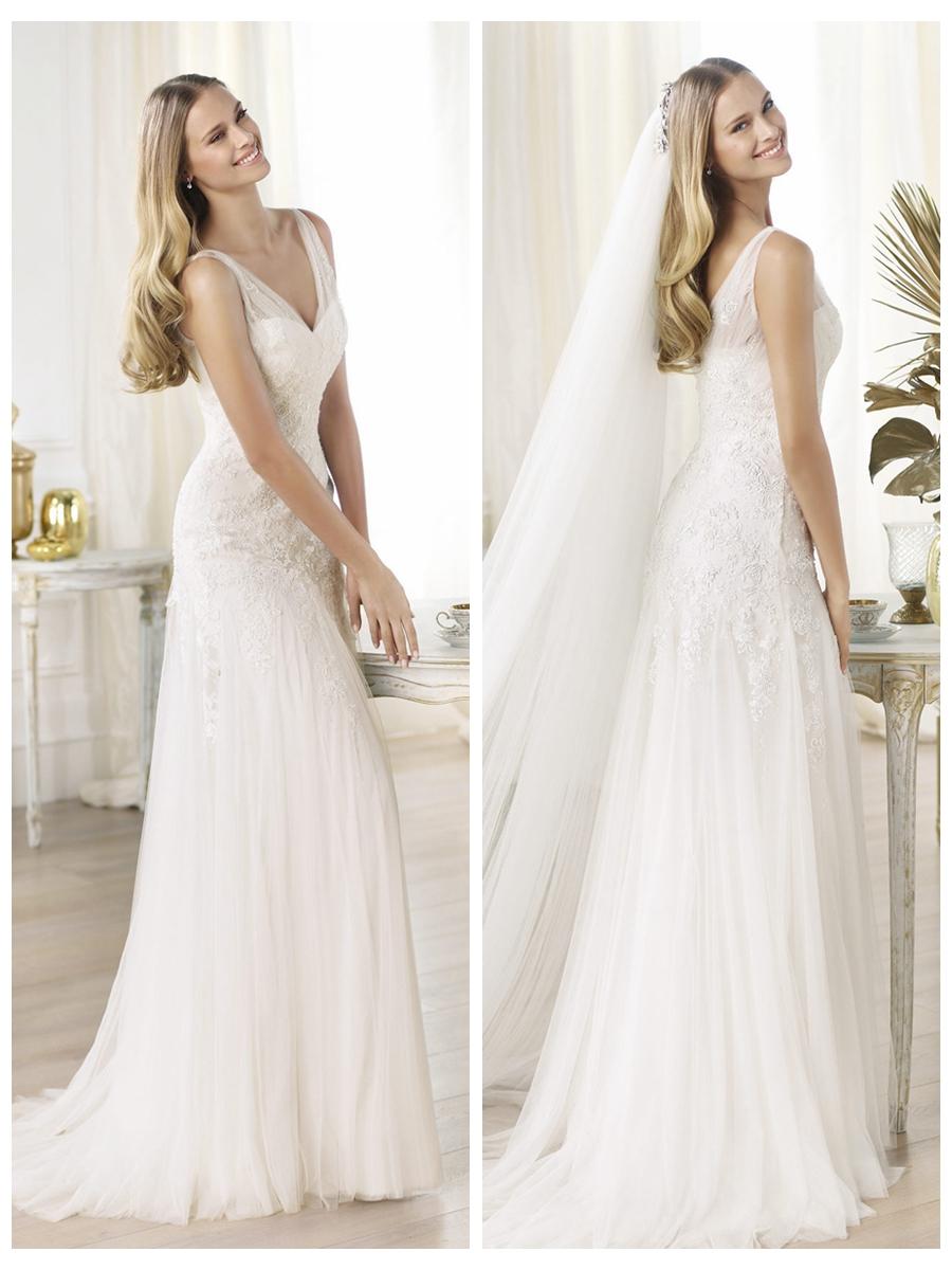 Wedding - Elegant Semi-sheer Draped V-neck Lace Applique A-line Wedding Dress