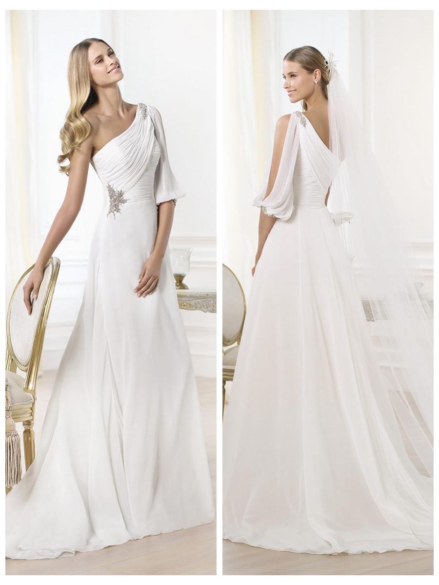 Wedding - Stunning One-shoulder Draped A-line Wedding Dress with Opened Shoulder-length Sleeve