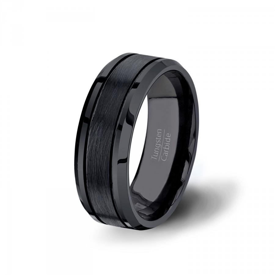 Wedding - Mens Wedding Band Black Matte Brushed Surface Grooved Tungsten Ring Beveled Edge 8mm Comfort Fit