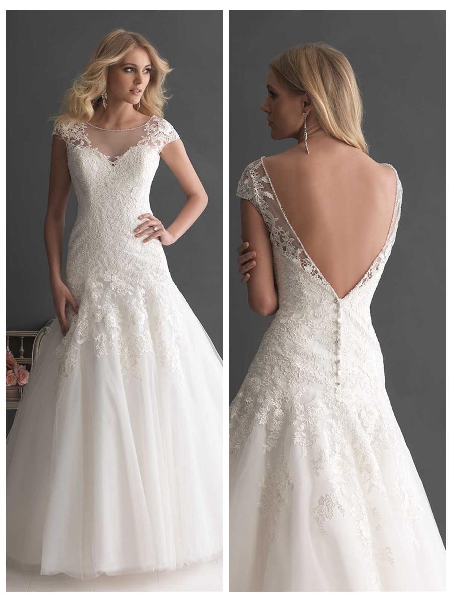 زفاف - Elegant A-line Cap Sleeves Bateau Neckline Wedding Dress with Deep V-back