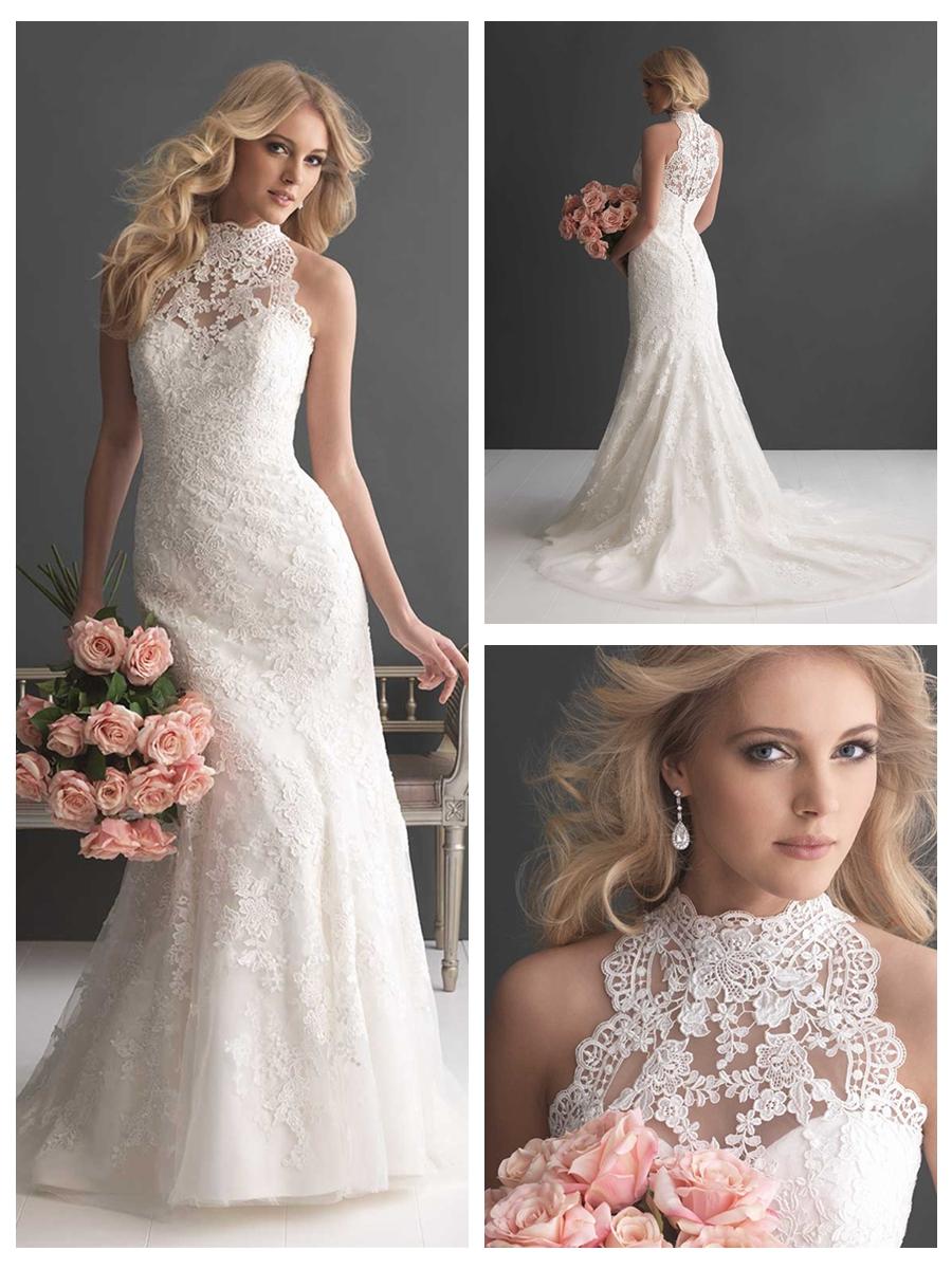 Wedding - Sheer High Neckline Lace Sheath Wedding Dress