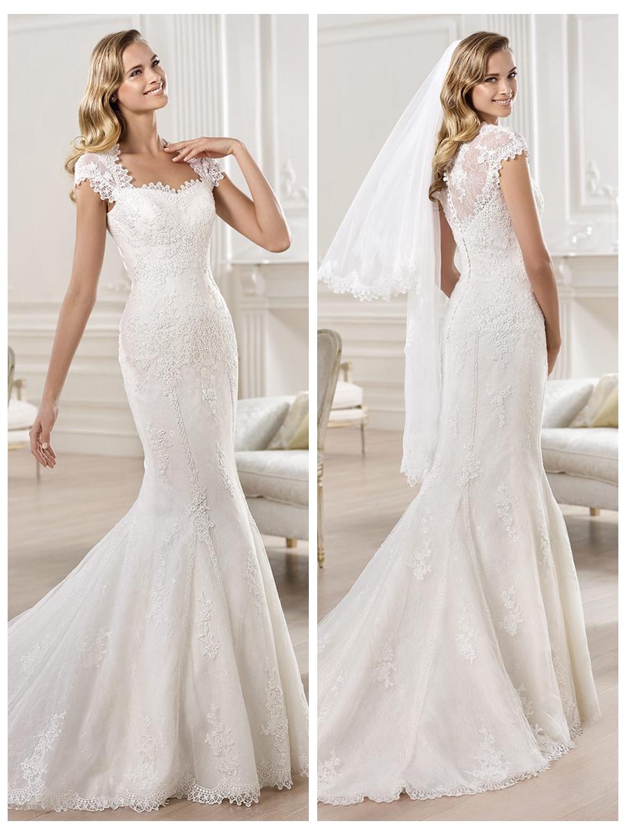 Hochzeit - Cap Sleeves Straight Straps Neckline Mermaid Wedding Dress Featuring Applique Crystal