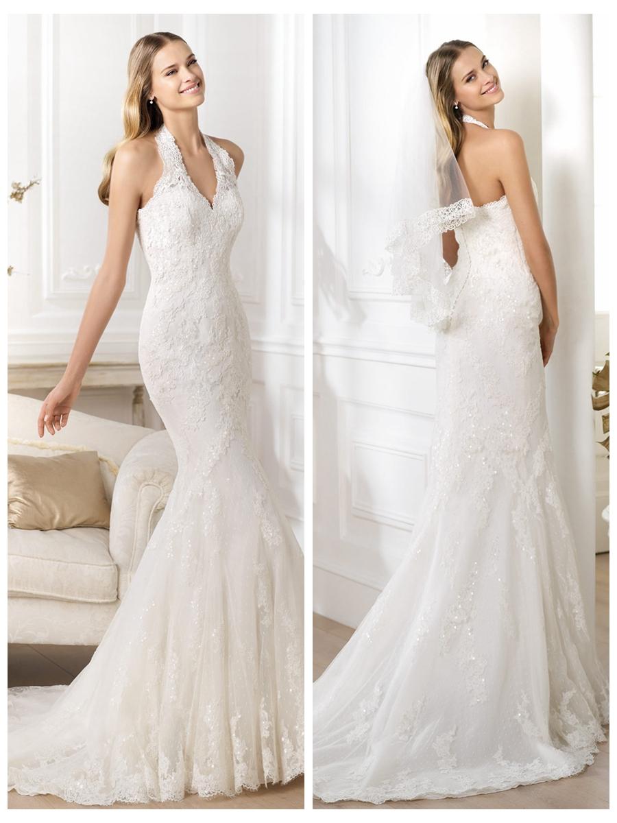 Mariage - Exquisite Halter Neck Mermaid Wedding Dress Featuring Applique