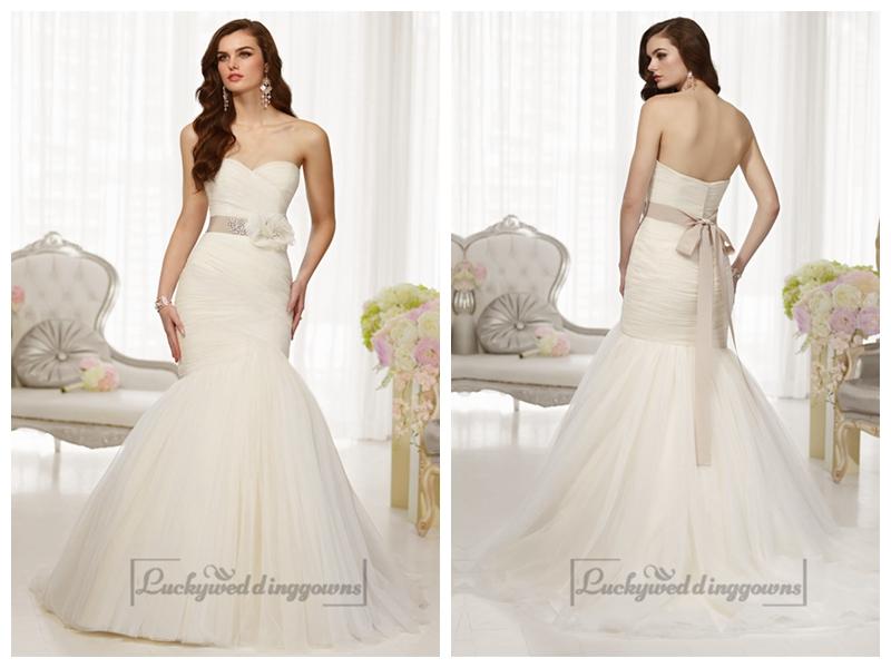Wedding - Fit and Flare Sweetheart Ruched Bodice Wedding Dresses with Detachable Beading Belt
