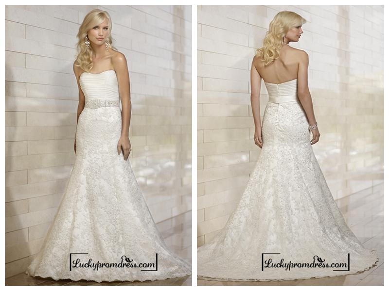 Mariage - Stunning Strapless Mermaid Pleated Bodice Lace Appliques Skirt Wedding Dresses