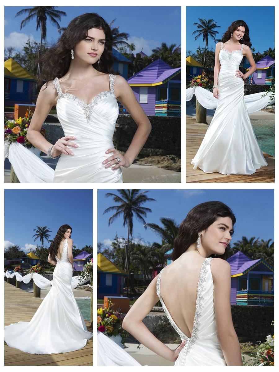 Свадьба - Beaded Straps Charmeuse Asymmetric Pleated Mermaid Wedding Gown with Deep V-back
