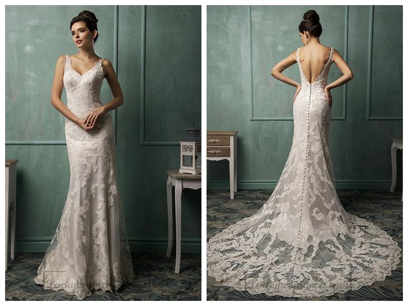 Hochzeit - Straps V-neckline Lace Low Backless Wedding Dress