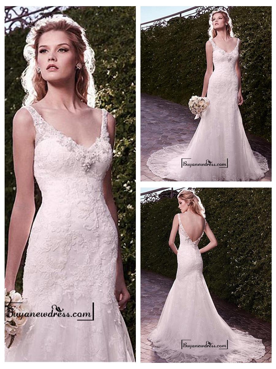 Hochzeit - Amazing Tulle & Satin Mermaid V-neck Neckline Wedding Dress With Appliques and Beadings