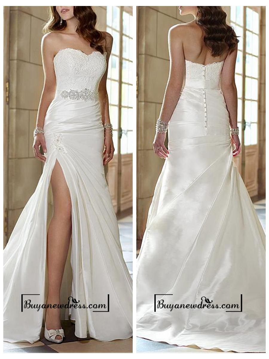 Mariage - Attractive Taffeta Sheath Sweetheart Neckline Natural Waist Slit Floor Length Wedding Dress
