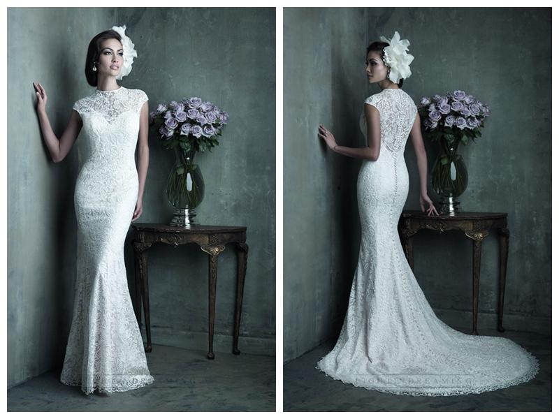Mariage - Elegant High Neckline Cap Sleeves Sheath Lace Wedding Dresses