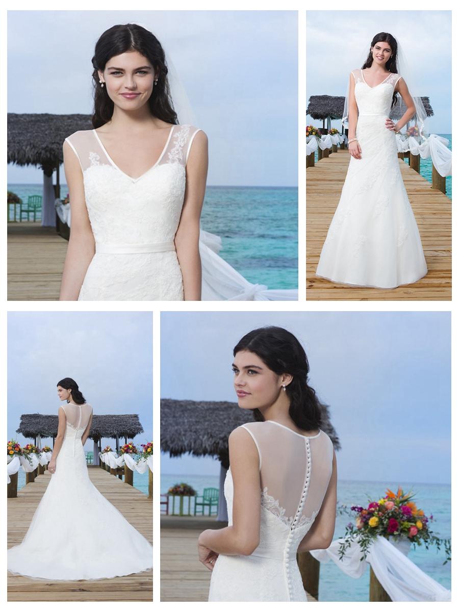 Wedding - Lace Appliques And Satin Trim On Sheer V-Tank Asymmetrically Draped Tulle Wedding Gown