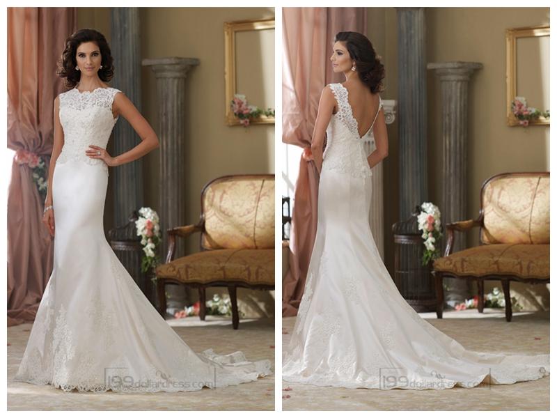 زفاف - Cap Sleeves A-line Illusion Bateau Neckline Wedding Dresses with Deep V-back