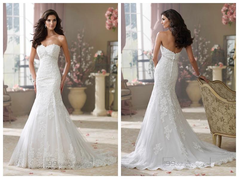 Mariage - Luxury Strapless Curved Neckline A-line Lace Appliques Wedding Dresses