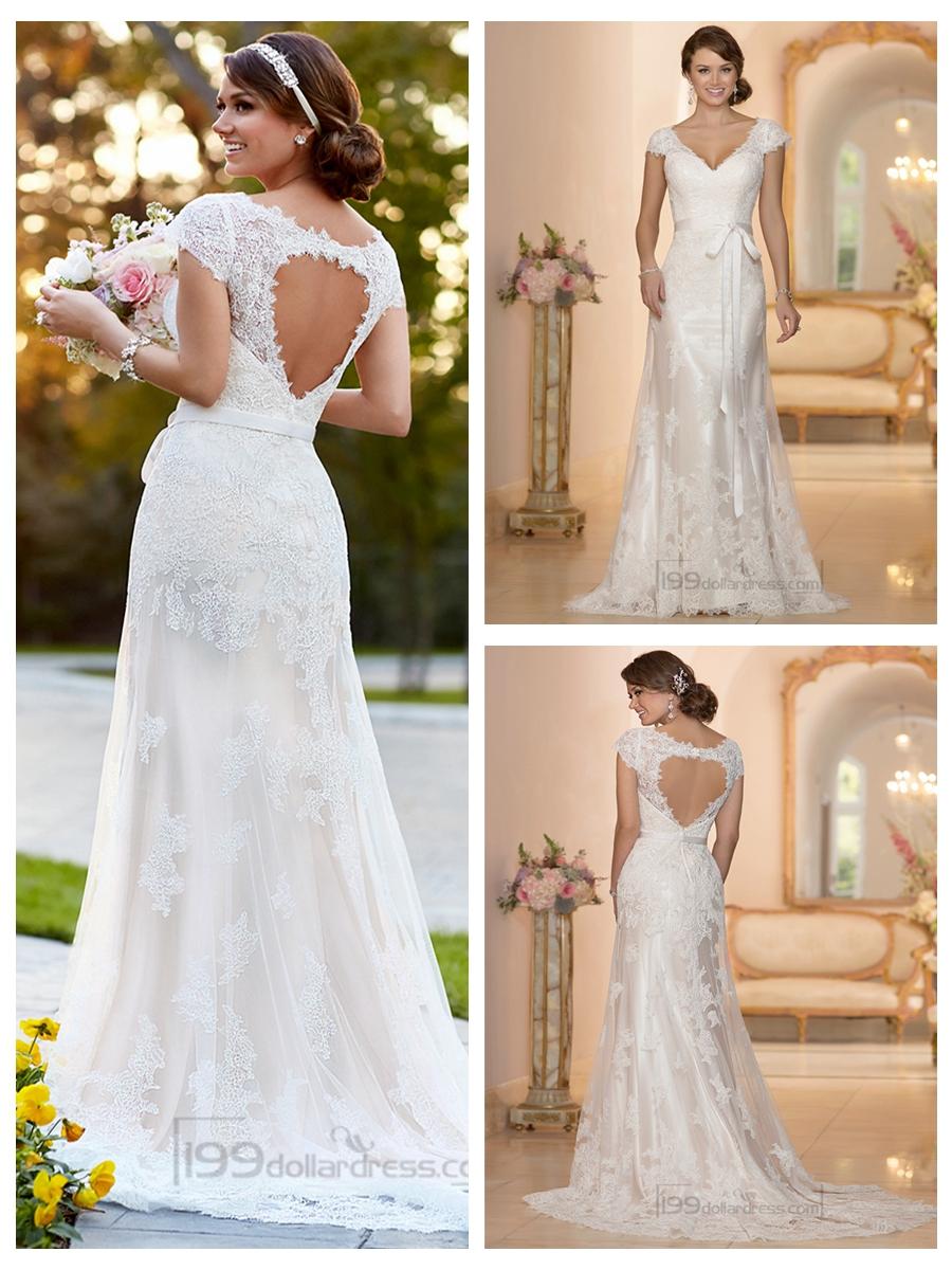Lace Over Illusion Cap Sleeves V Neck Wedding Dresses With Keyhole Back 2454486 Weddbook 