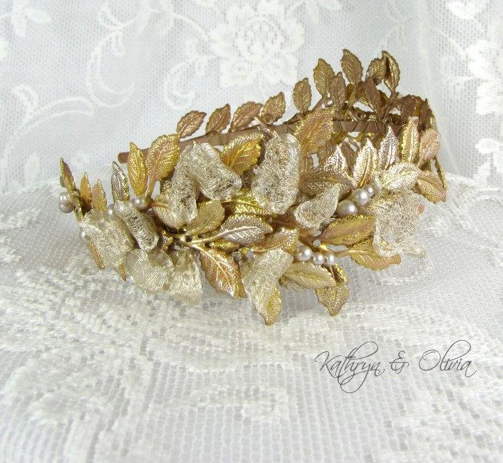 زفاف - Champagne Gold Leaf headband Tiara Crown Headpiece with Silver Mesh Ribbon and Pearls PP16
