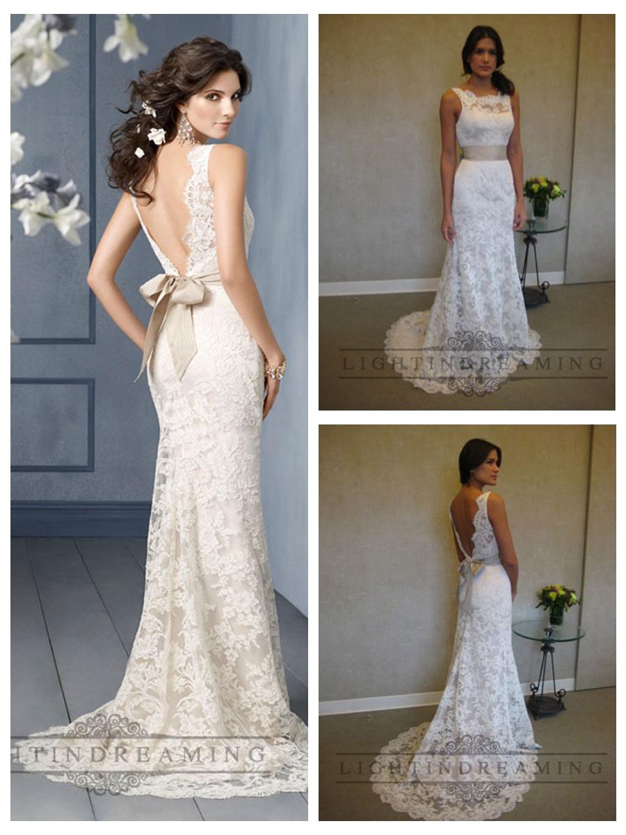 Mariage - Scallop Bateau Neckline A-line Lace Open Back Wedding Dresses with Sweep Train