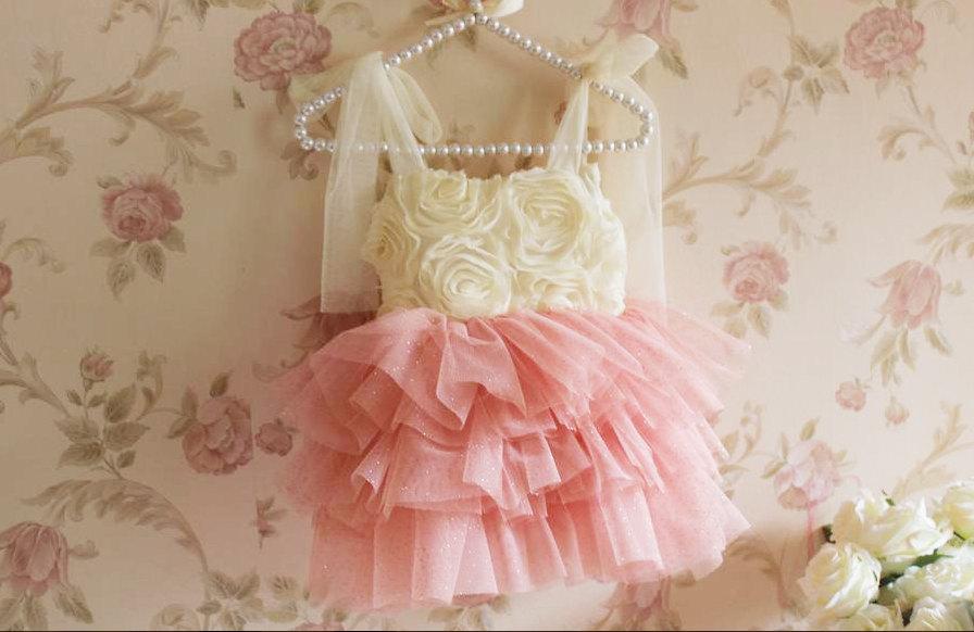 زفاف - Ivory and Rose Rosette Sparkle Tutu Dress, Princess Flower Girl Dress, Vintage Inspired