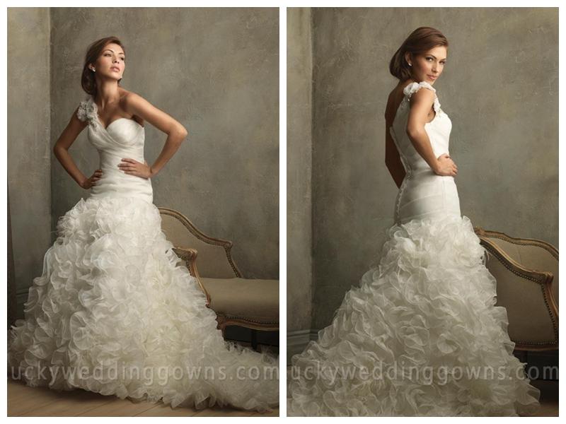 Hochzeit - Organza One Shoulder Ruffles Floral Ball Gown Vintage Wedding Dresses