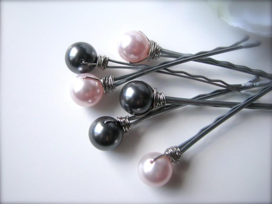 زفاف - Pink and Gray Hair Pin Pearl Set