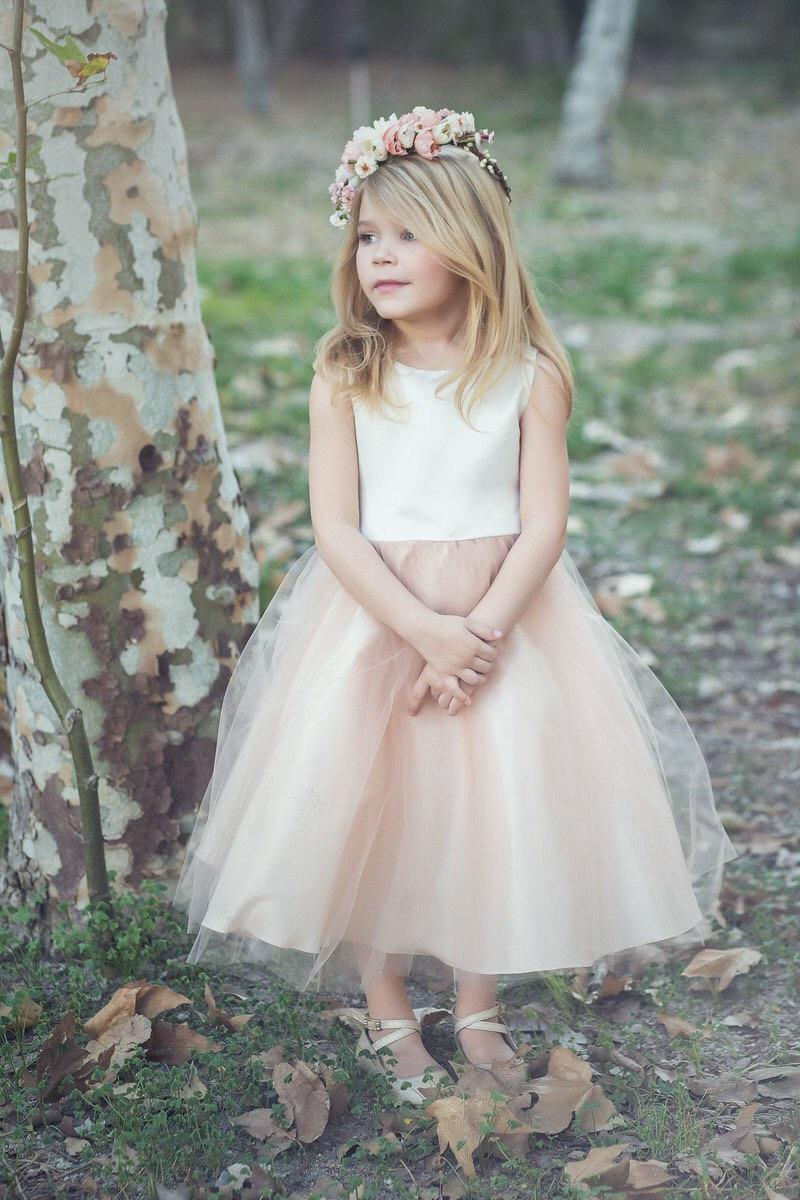 Mariage - Satin and tulle champagne flower girl dress