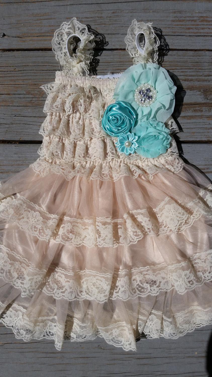 Mariage - Mint Blue/Turquoise Flower Girl Lace Dress/Rustic Flower Girl Cream-Champagne Flower Girl/Country Wedding-Mint-Turqouise-Flower Girl Dress