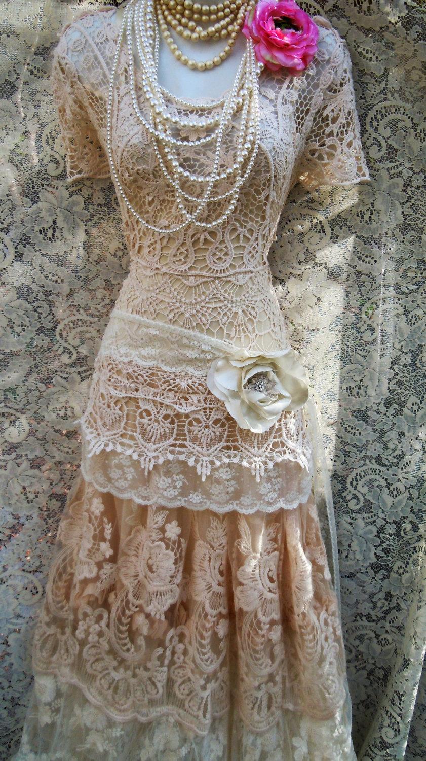 Wedding - Boho lace dress wedding cream crochet  tulle tiered   flapper  vintage  bride outdoor  romantic small  by vintage opulence on Etsy