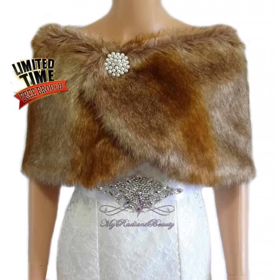 Hochzeit - Bridal Faux Fur Wrap, Vintage Brown Bridal Shawl, Wedding Stole, Bridal Wrap, My Radiant Beauty Faux Fur Stole, Faux Fur Shrug FW108-V.BROWN