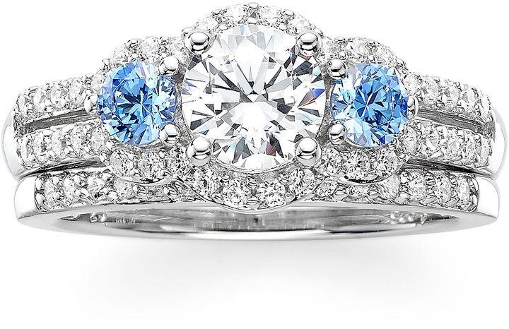 Свадьба - FINE JEWELRY DiamonArt White and Blue Cubic Zirconia Sterling Silver 3-Stone Bridal Ring Set