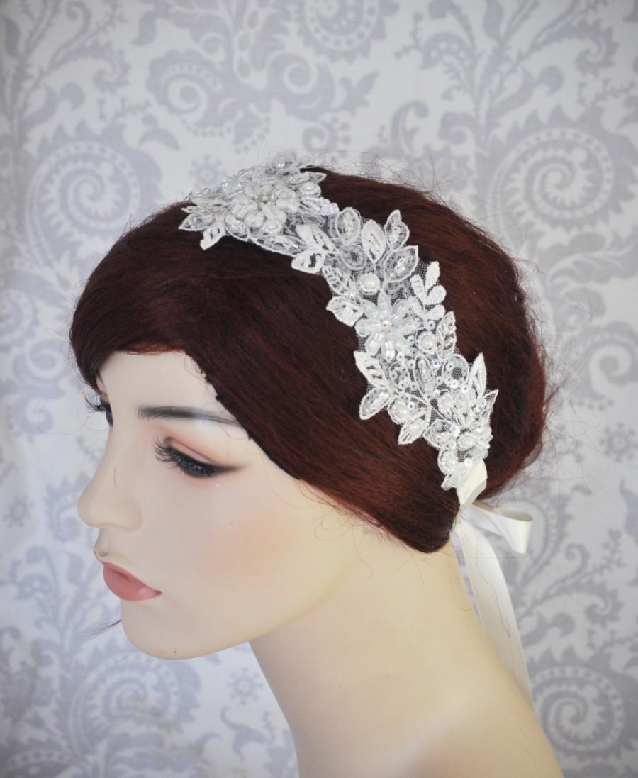 زفاف - Bridal Lace Headpiece, Wedding Headband with Satin Ribbon Tie, Head Band, Ivory Lace Bridal Hair Accessories - 111HB