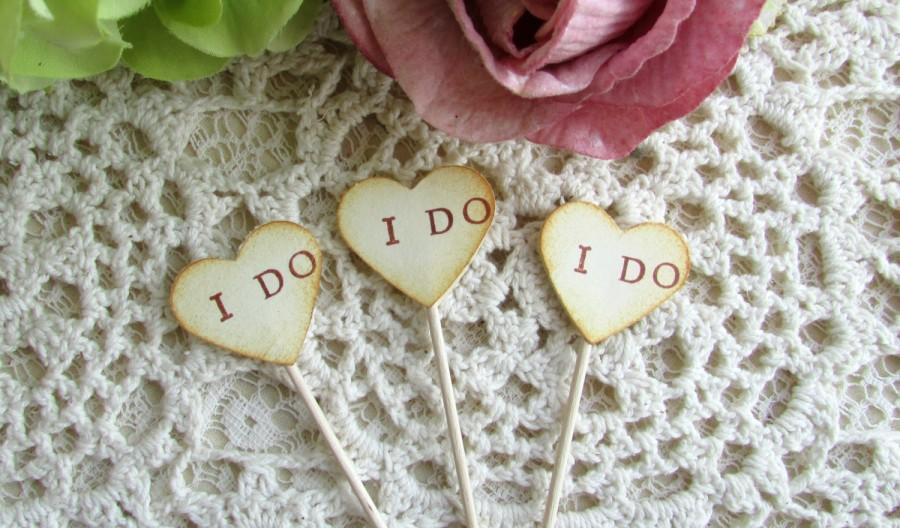 Wedding - I DO Heart Cupcake Toppers / Vintage Inspired / Wedding / Set of 15 / Double sided / Shabby Chic / Rustic