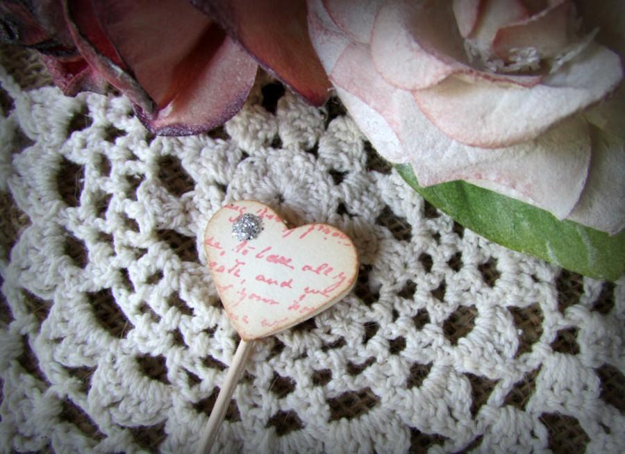 زفاف - Vintage  Pink Script Heart Cupcake Topper with glitter accent: "VINTAGE SCRIPT Heart Cupcake Topper", Wedding, Bridal Shower, Decoration