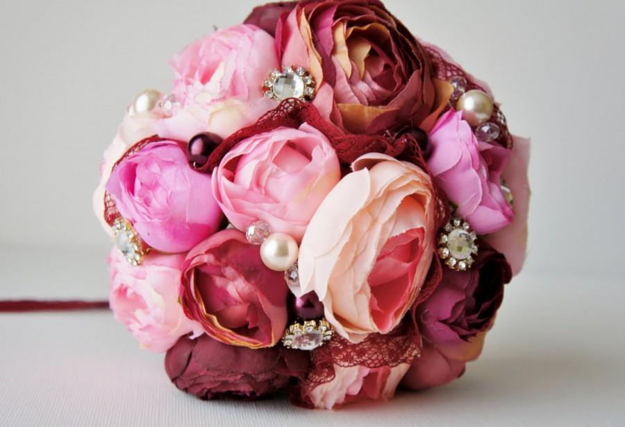 Wedding - Bridal Bouquet, Brooch Bouquet, Pink and Bordeaux Ranunculus, Silk Wedding Flowers, Rhinestone Brooches, Pearls, Lace, Shabby Chic Wedding